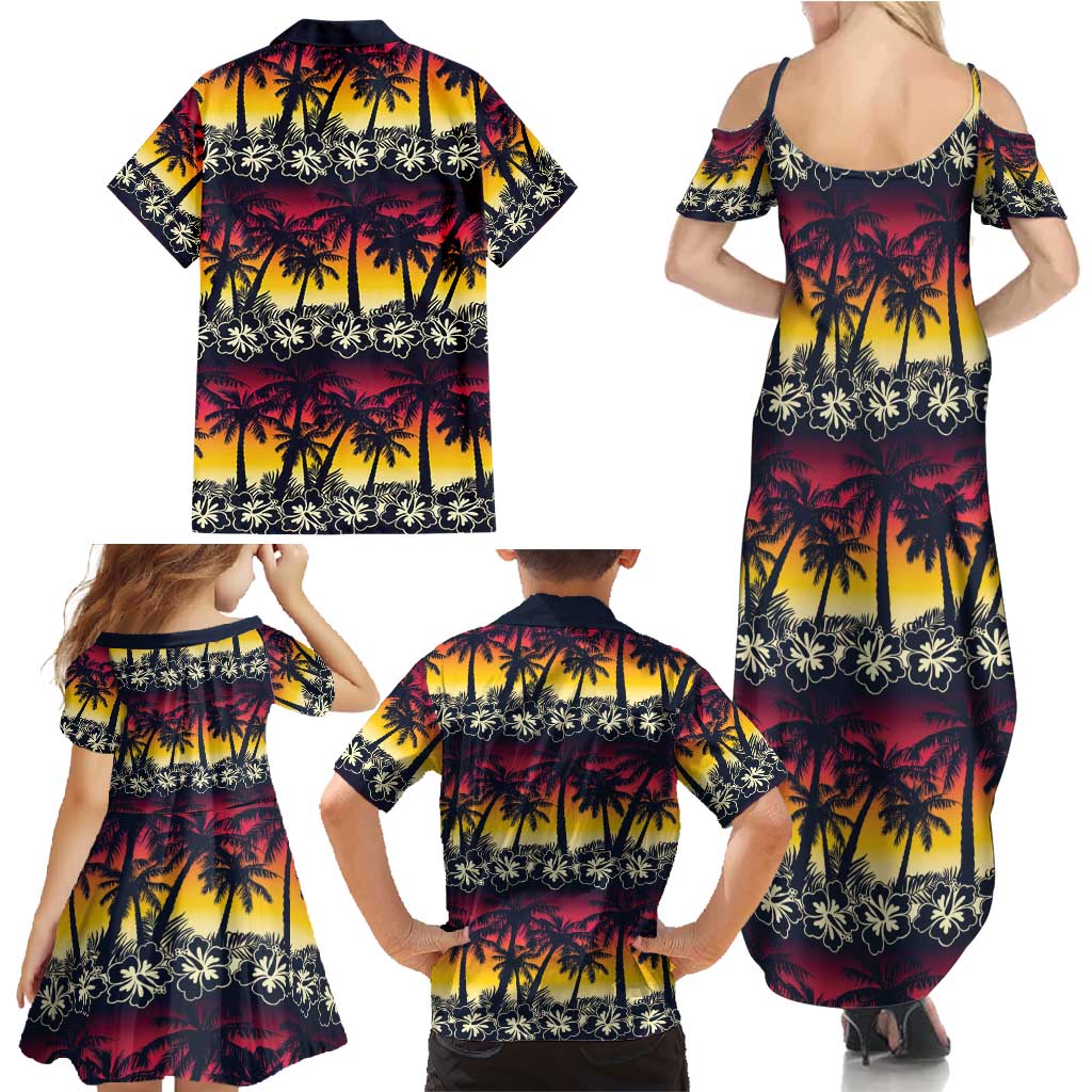 Hawaii Hibiscus Palm Tree Sunset Family Matching Summer Maxi Dress and Hawaiian Shirt Tropical Style - Polynesian Pride