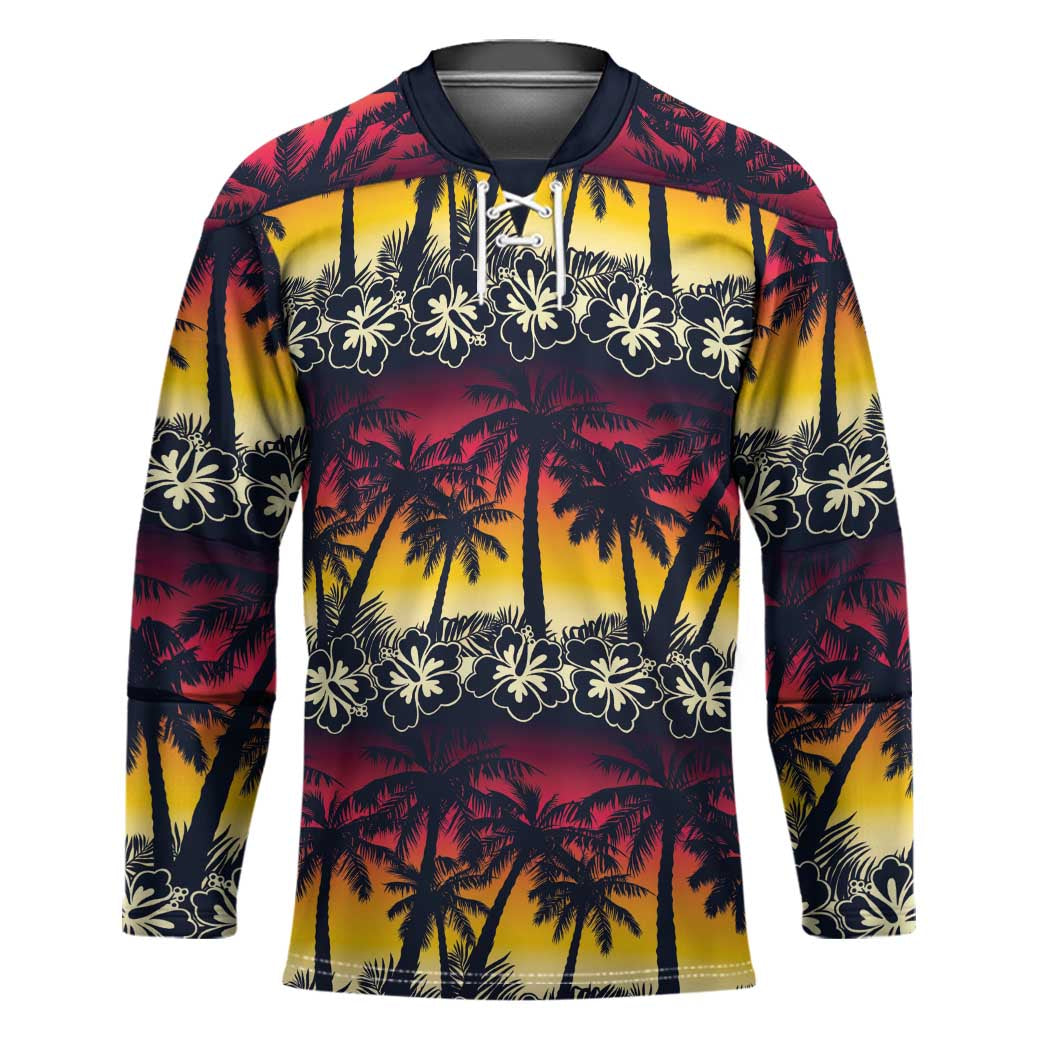 Hawaii Hibiscus Palm Tree Sunset Hockey Jersey Tropical Style - Polynesian Pride
