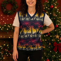 Hawaii Hibiscus Palm Tree Sunset Christmas Knitted V-Neck Vest Tropical Style - Polynesian Pride