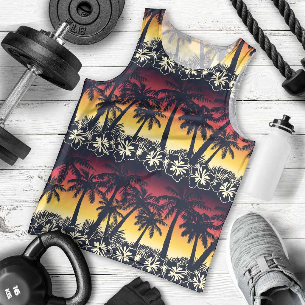 Hawaii Hibiscus Palm Tree Sunset Men Tank Top Tropical Style - Polynesian Pride