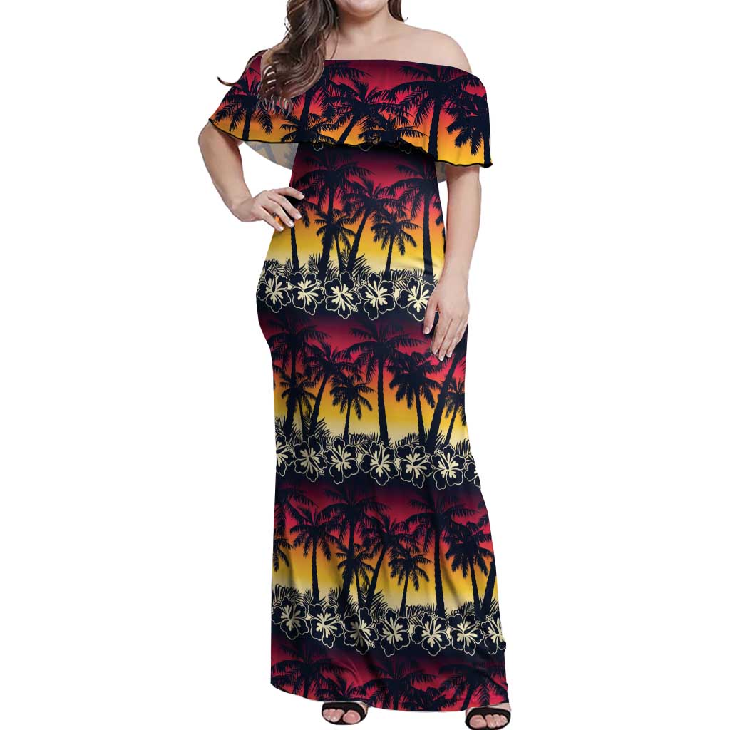Hawaii Hibiscus Palm Tree Sunset Off Shoulder Maxi Dress Tropical Style - Polynesian Pride