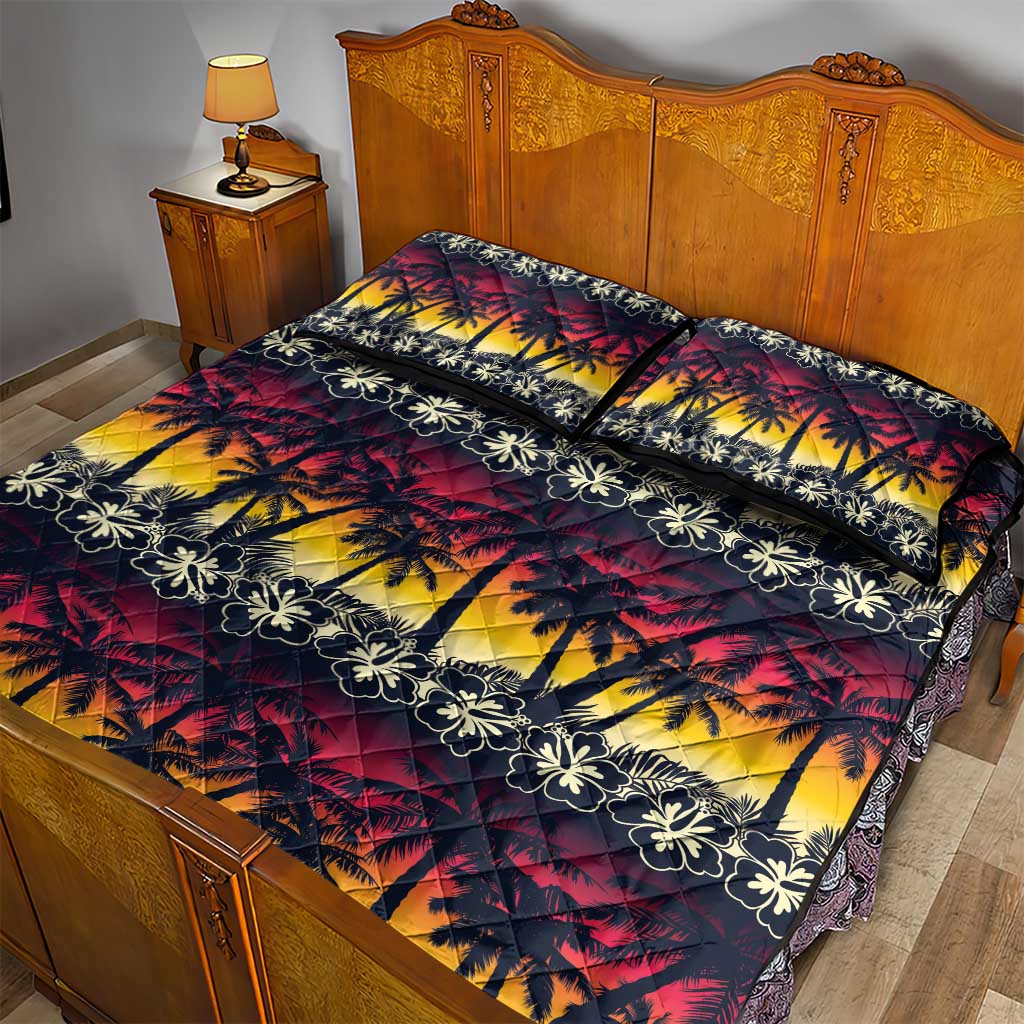 Hawaii Hibiscus Palm Tree Sunset Quilt Bed Set Tropical Style - Polynesian Pride
