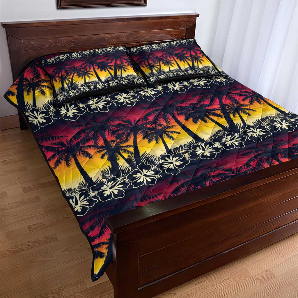 Hawaii Hibiscus Palm Tree Sunset Quilt Bed Set Tropical Style - Polynesian Pride
