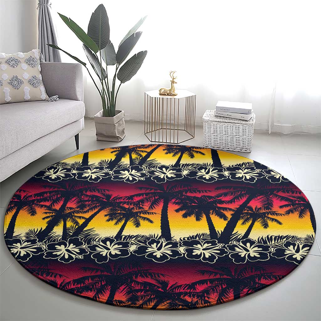 Hawaii Hibiscus Palm Tree Sunset Round Carpet Tropical Style - Polynesian Pride