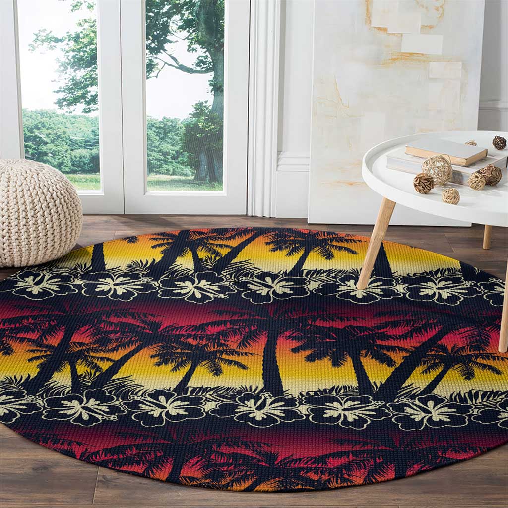 Hawaii Hibiscus Palm Tree Sunset Round Carpet Tropical Style - Polynesian Pride
