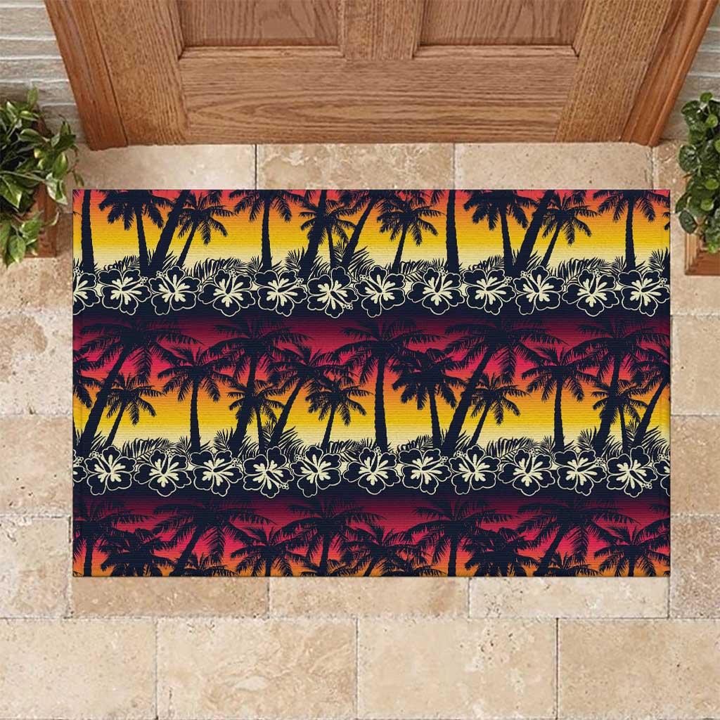 Hawaii Hibiscus Palm Tree Sunset Rubber Doormat Tropical Style - Polynesian Pride