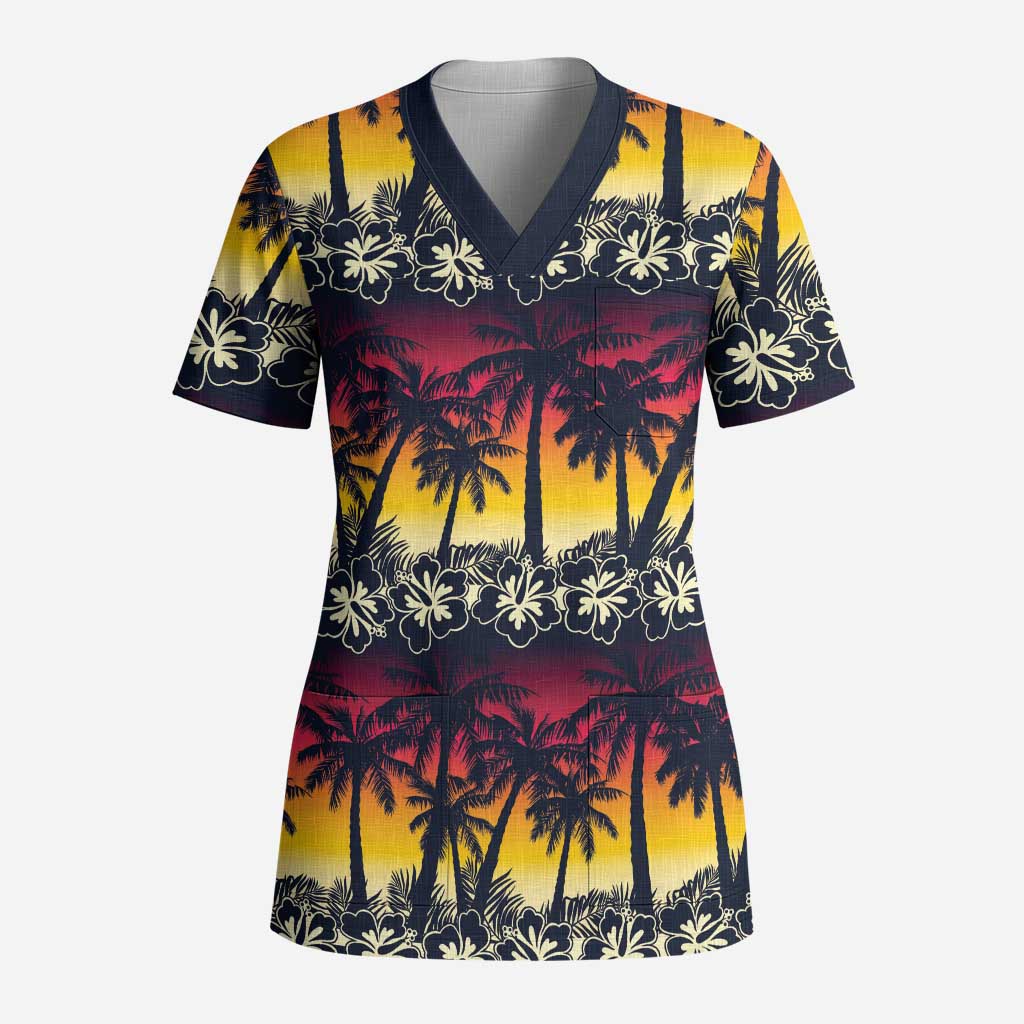 Hawaii Hibiscus Palm Tree Sunset Scrub Top Tropical Style - Polynesian Pride