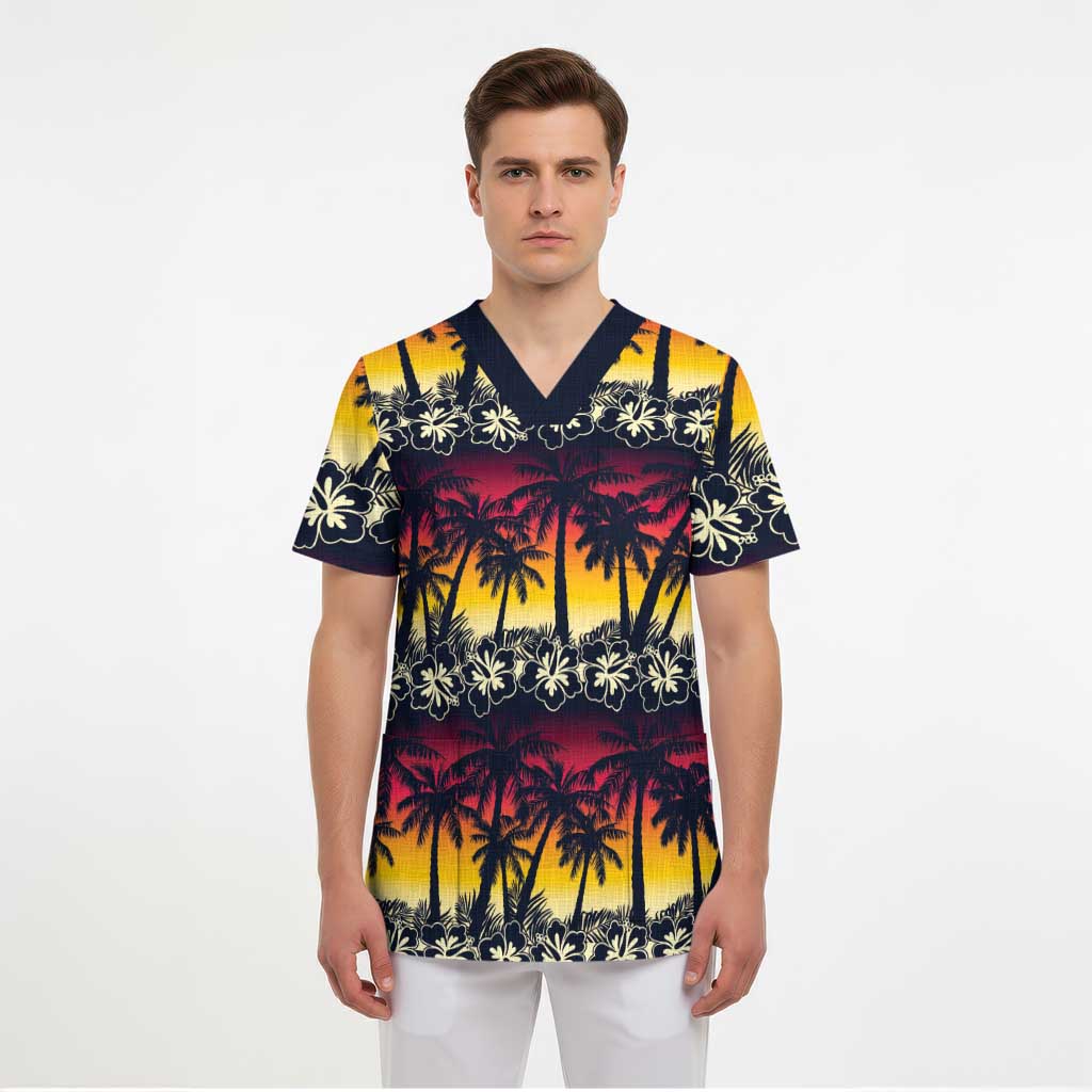 Hawaii Hibiscus Palm Tree Sunset Scrub Top Tropical Style - Polynesian Pride