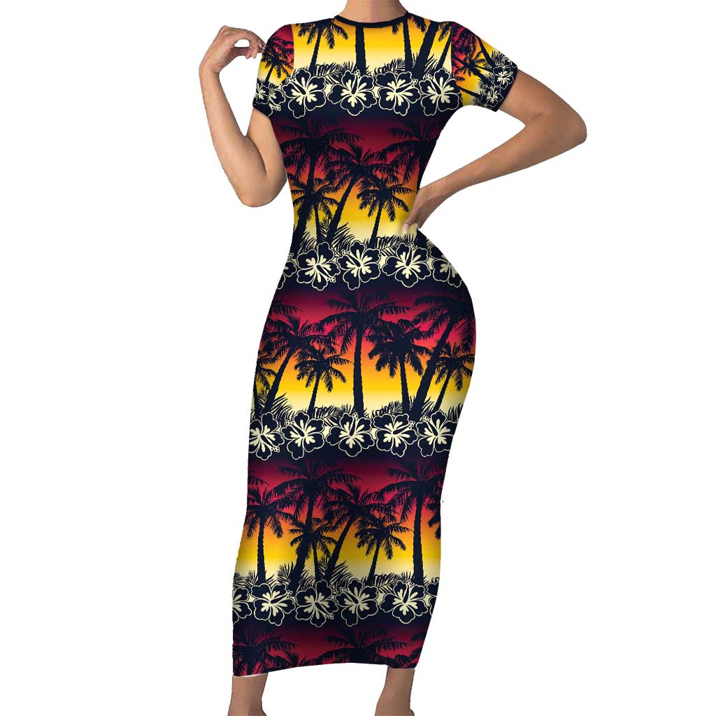 Hawaii Hibiscus Palm Tree Sunset Short Sleeve Bodycon Dress Tropical Style - Polynesian Pride
