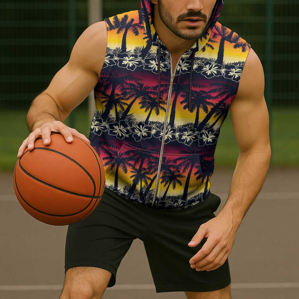 Hawaii Hibiscus Palm Tree Sunset Sleeveless Zip Hoodie Tropical Style - Polynesian Pride
