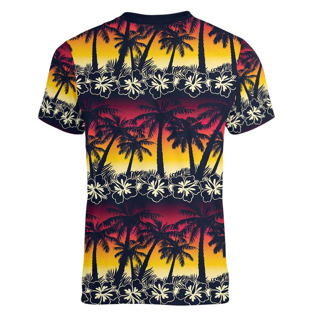 Hawaii Hibiscus Palm Tree Sunset Women V-Neck T-Shirt Tropical Style - Polynesian Pride