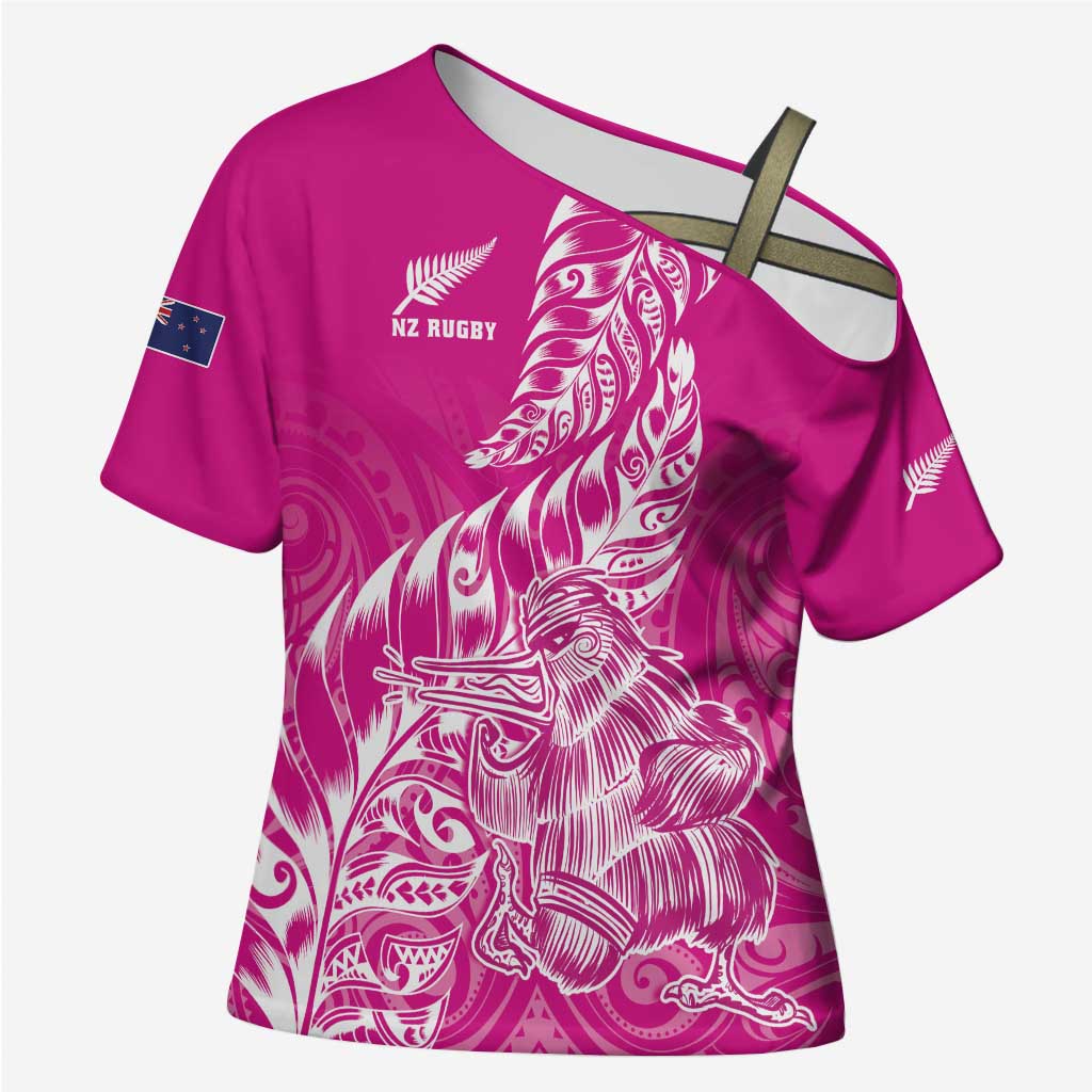 Custom New Zealand Rugby Silver Fern Cross Shoulder Shirt Aotearoa Kiwi Maori Pink Version - Polynesian Pride