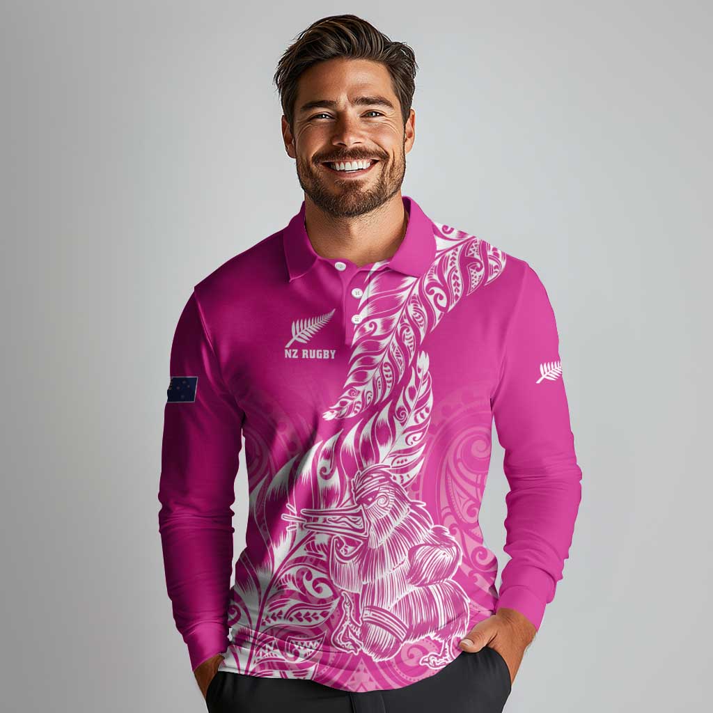 Custom New Zealand Rugby Silver Fern Long Sleeve Polo Shirt Aotearoa Kiwi Maori Pink Version - Polynesian Pride