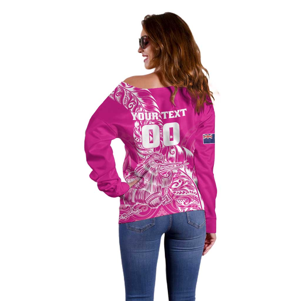 Custom New Zealand Rugby Silver Fern Off Shoulder Sweater Aotearoa Kiwi Maori Pink Version - Polynesian Pride