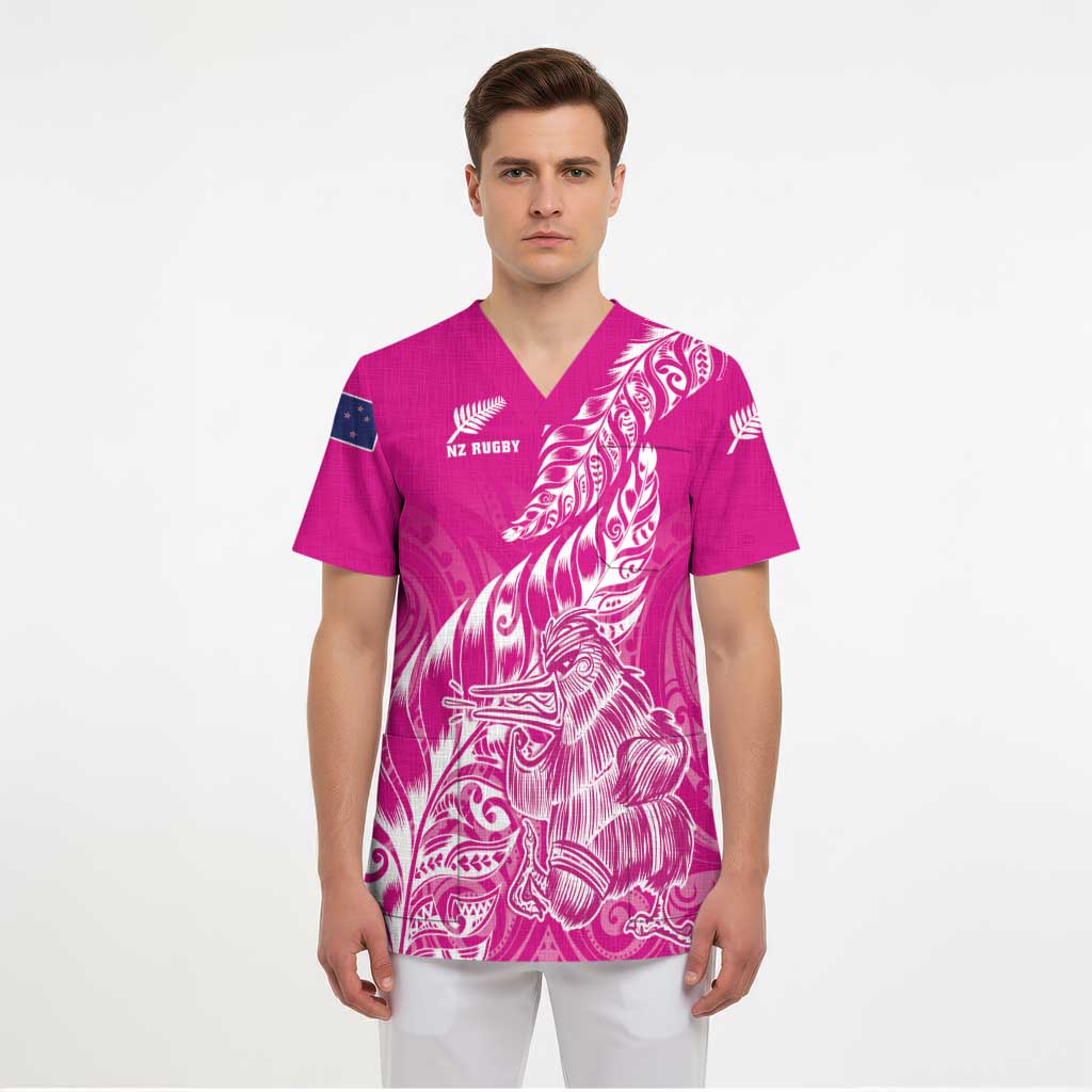 Custom New Zealand Rugby Silver Fern Scrub Top Aotearoa Kiwi Maori Pink Version - Polynesian Pride