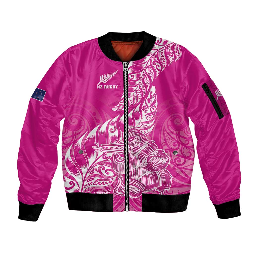 Custom New Zealand Rugby Silver Fern Sleeve Zip Bomber Jacket Aotearoa Kiwi Maori Pink Version - Polynesian Pride