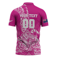 Custom New Zealand Rugby Silver Fern Zipper Polo Shirt Aotearoa Kiwi Maori Pink Version - Polynesian Pride