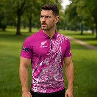 Custom New Zealand Rugby Silver Fern Zipper Polo Shirt Aotearoa Kiwi Maori Pink Version - Polynesian Pride