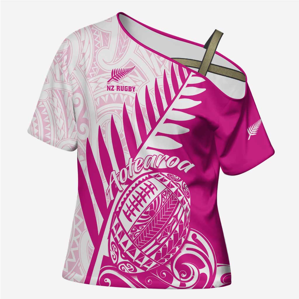 Custom New Zealand Rugby Silver Fern Cross Shoulder Shirt Aotearoa Maori Pink Version - Polynesian Pride