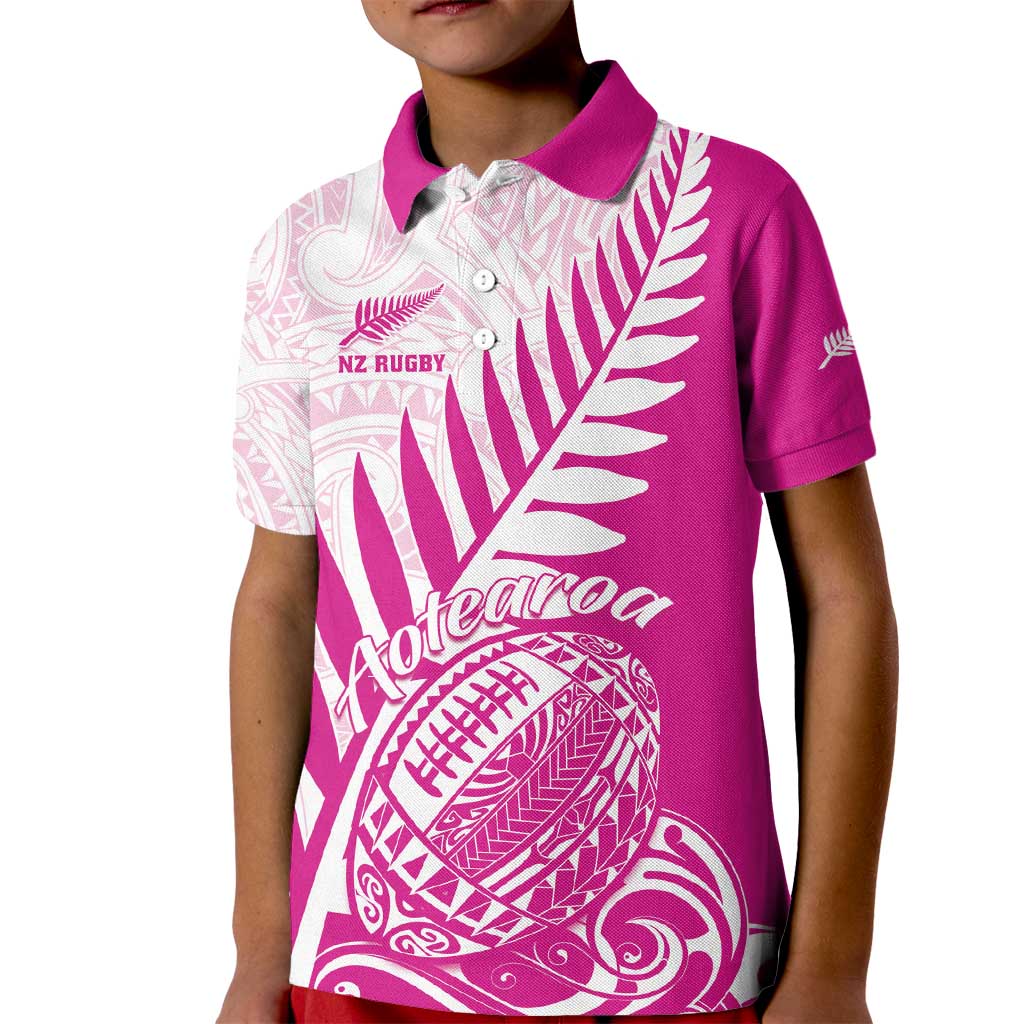 Custom New Zealand Rugby Silver Fern Kid Polo Shirt Aotearoa Maori Pink Version - Polynesian Pride