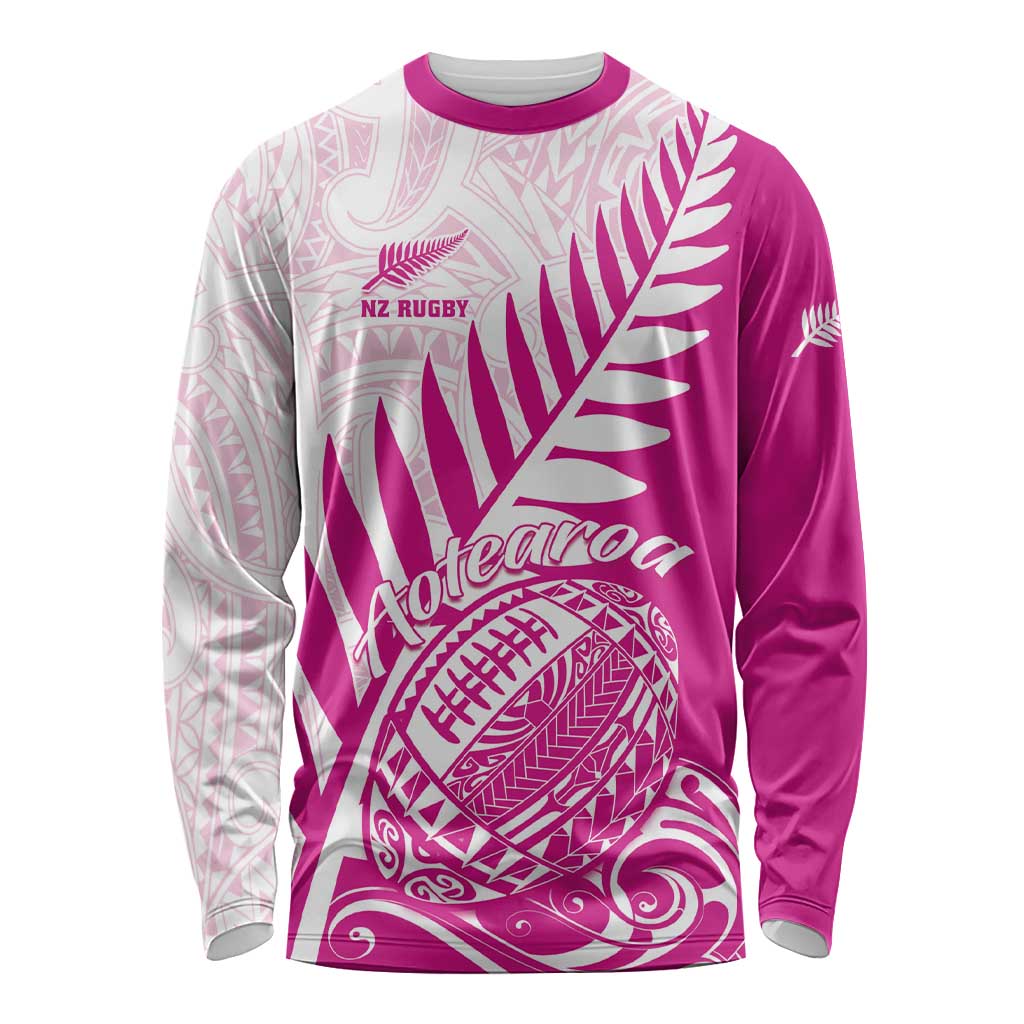 Custom New Zealand Rugby Silver Fern Long Sleeve Shirt Aotearoa Maori Pink Version - Polynesian Pride