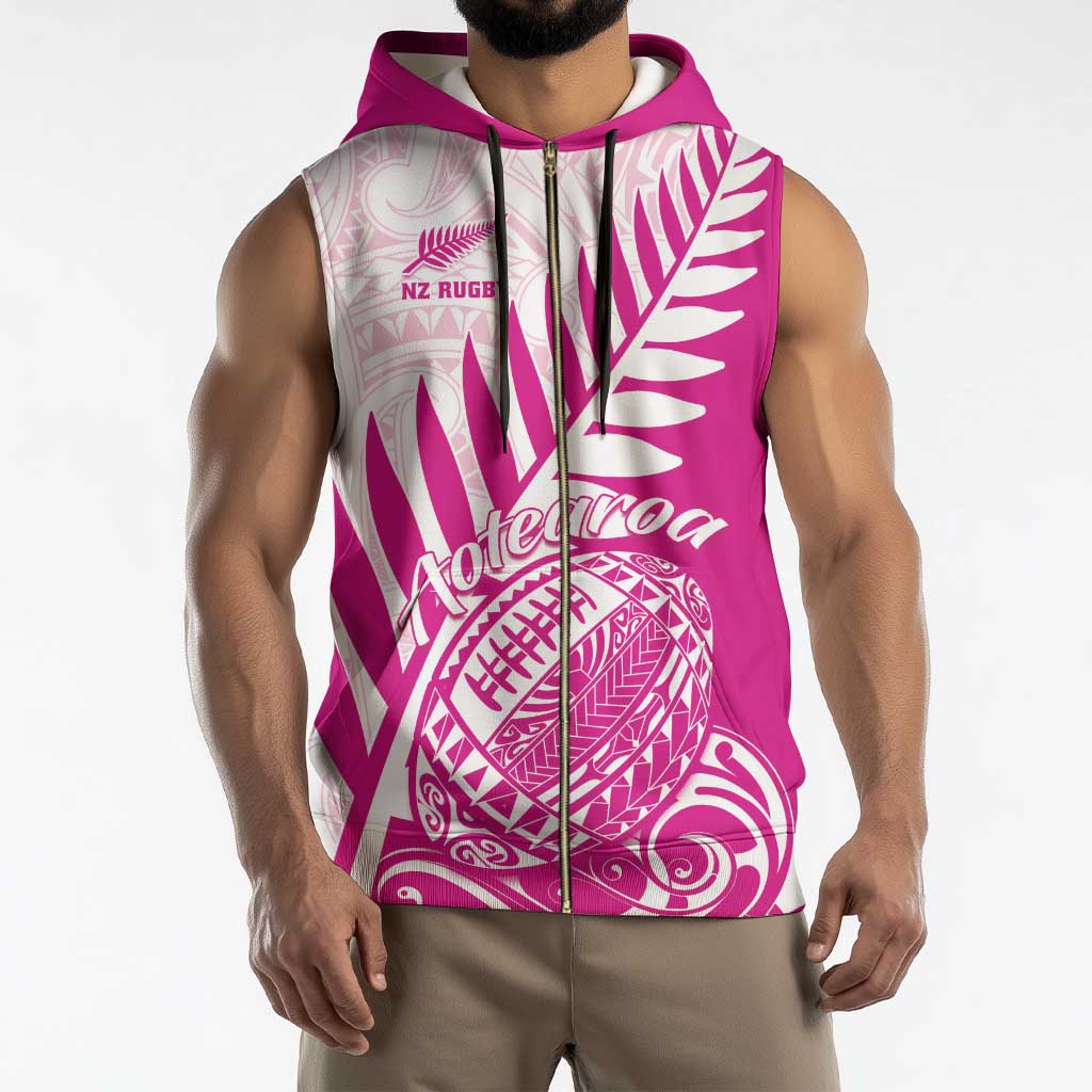 Custom New Zealand Rugby Silver Fern Sleeveless Zip Hoodie Aotearoa Maori Pink Version - Polynesian Pride