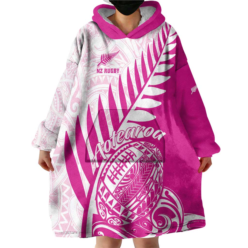 Custom New Zealand Rugby Silver Fern Wearable Blanket Hoodie Aotearoa Maori Pink Version - Polynesian Pride