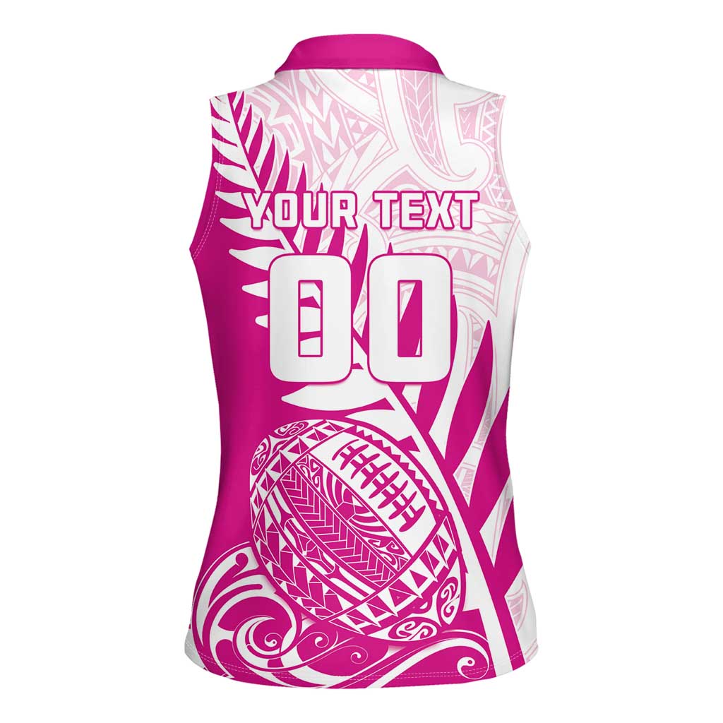Custom New Zealand Rugby Silver Fern Women Sleeveless Polo Shirt Aotearoa Maori Pink Version - Polynesian Pride