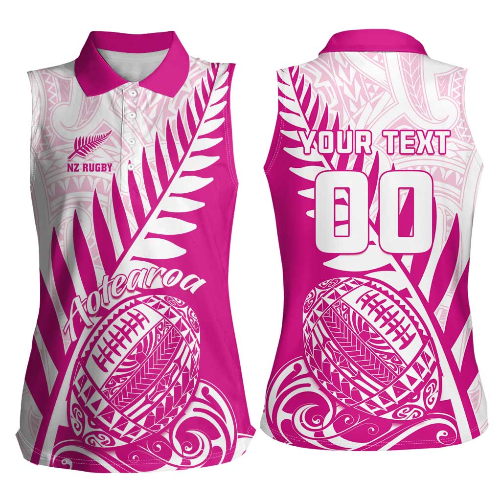 Custom New Zealand Rugby Silver Fern Women Sleeveless Polo Shirt Aotearoa Maori Pink Version - Polynesian Pride