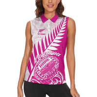 Custom New Zealand Rugby Silver Fern Women Sleeveless Polo Shirt Aotearoa Maori Pink Version - Polynesian Pride