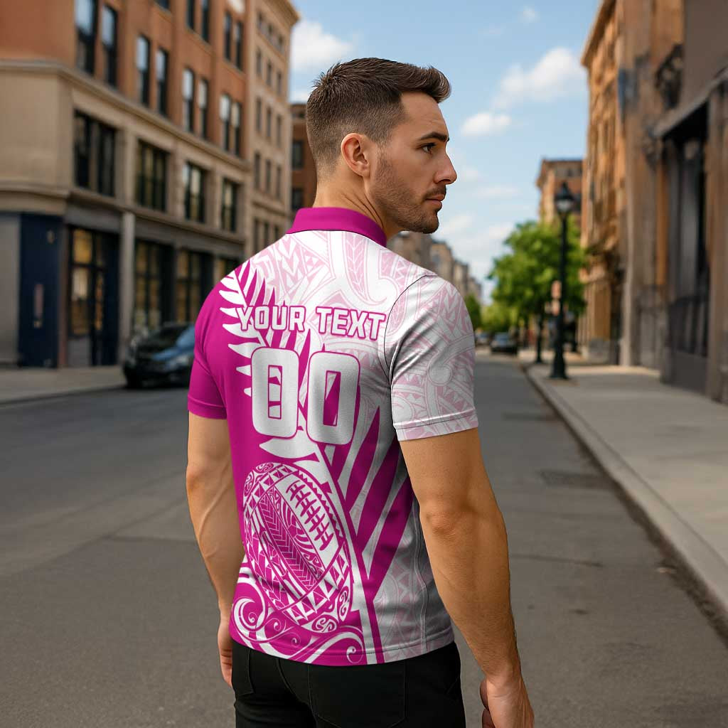Custom New Zealand Rugby Silver Fern Zipper Polo Shirt Aotearoa Maori Pink Version - Polynesian Pride
