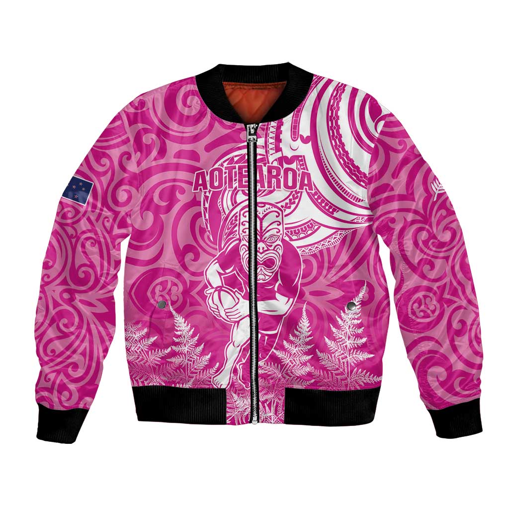 New Zealand Silver Fern Rugby All Pink Bomber Jacket Maori Tiki Player With Ta Moko Tribal - Polynesian Pride