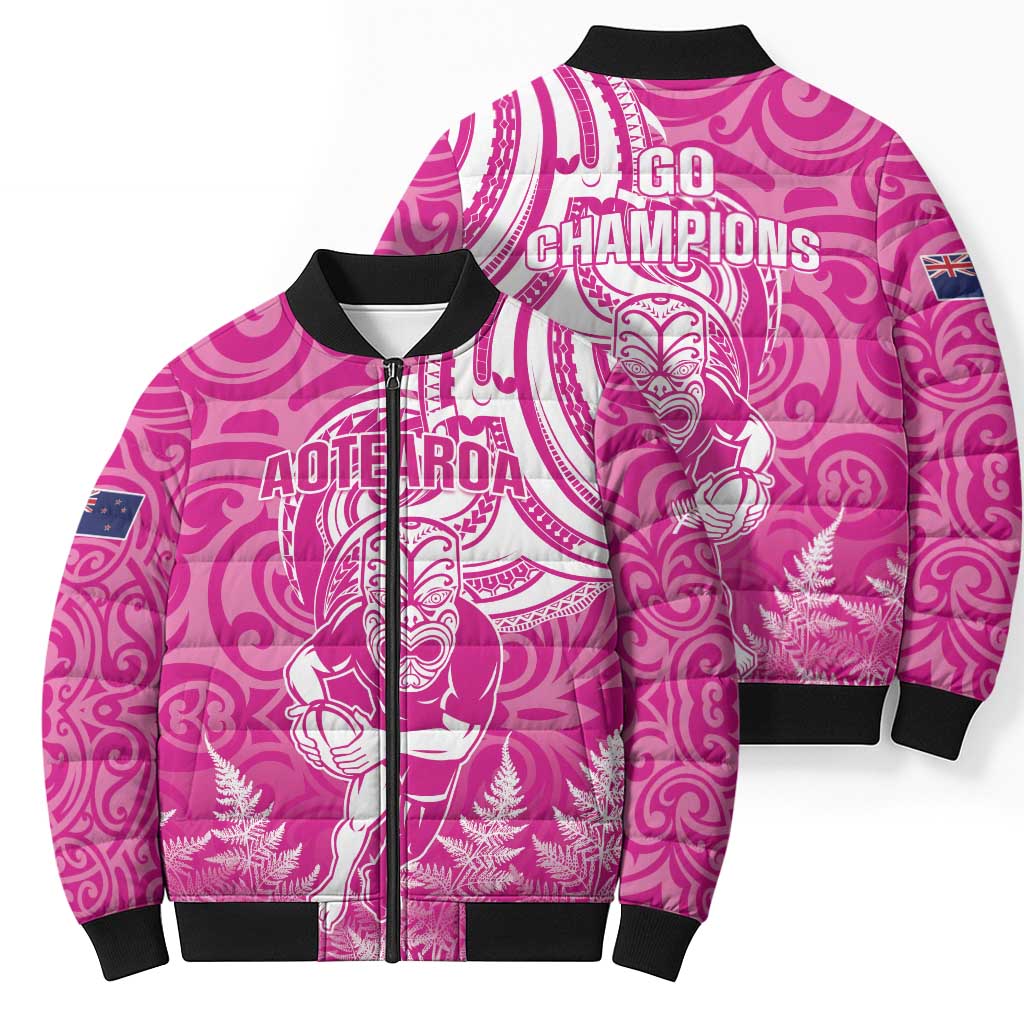 New Zealand Silver Fern Rugby All Pink Bomber Puffer Jacket Maori Tiki Player With Ta Moko Tribal - Polynesian Pride