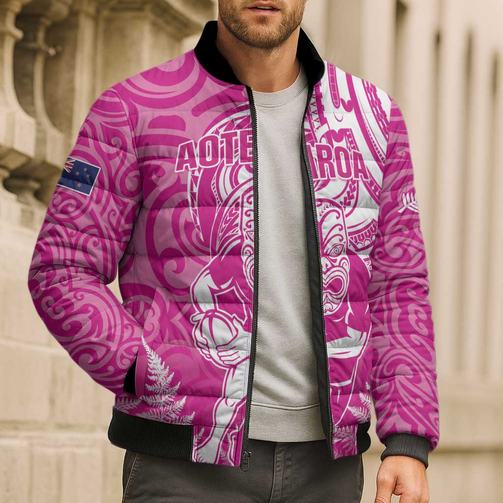 New Zealand Silver Fern Rugby All Pink Bomber Puffer Jacket Maori Tiki Player With Ta Moko Tribal - Polynesian Pride