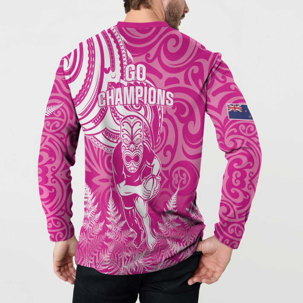 New Zealand Silver Fern Rugby All Pink Button Sweatshirt Maori Tiki Player With Ta Moko Tribal - Polynesian Pride