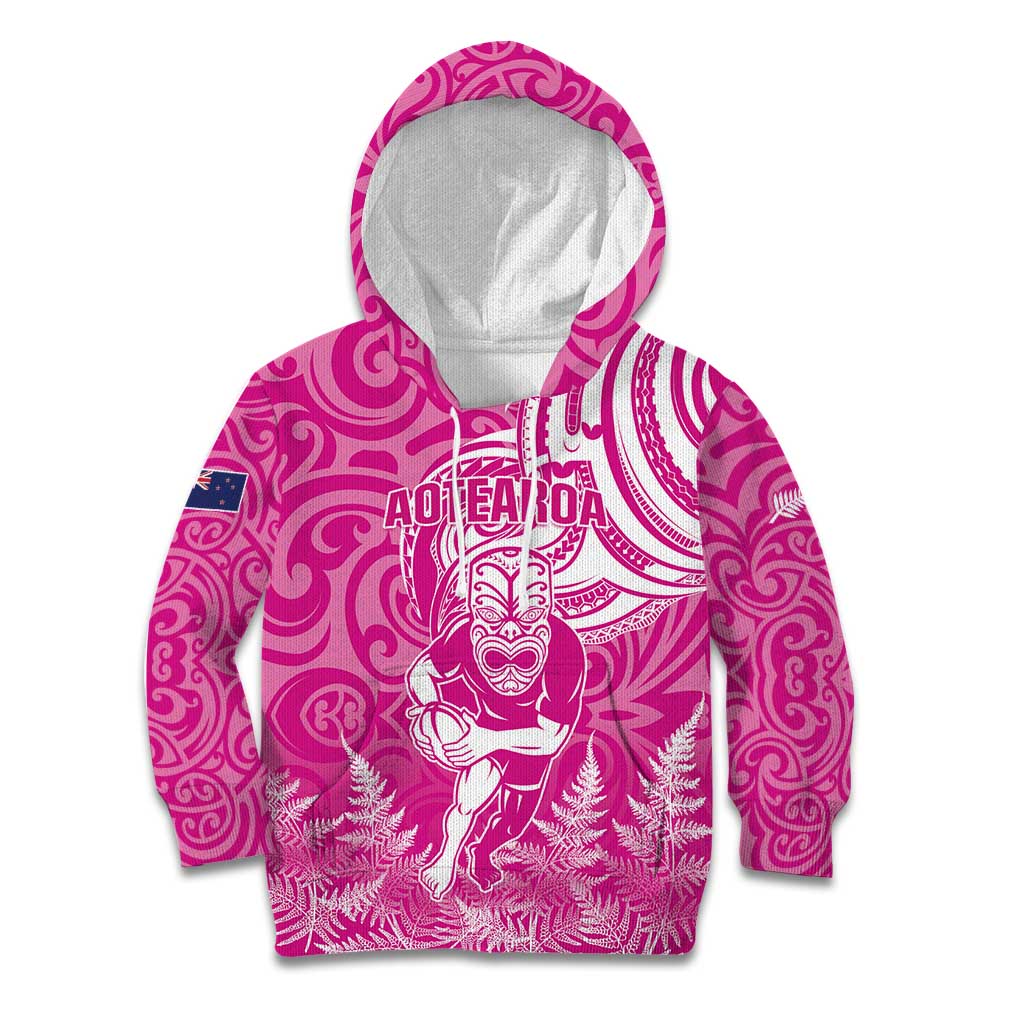 New Zealand Silver Fern Rugby All Pink Kid Hoodie Maori Tiki Player With Ta Moko Tribal - Polynesian Pride