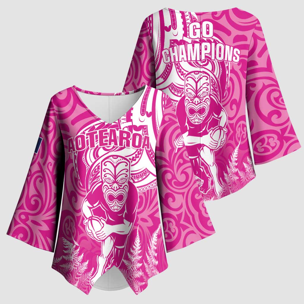New Zealand Silver Fern Rugby All Pink Kimono Sleeve Blouse Maori Tiki Player With Ta Moko Tribal - Polynesian Pride