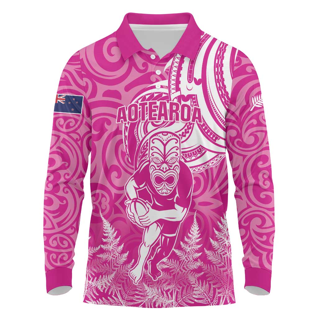 New Zealand Silver Fern Rugby All Pink Long Sleeve Polo Shirt Maori Tiki Player With Ta Moko Tribal - Polynesian Pride