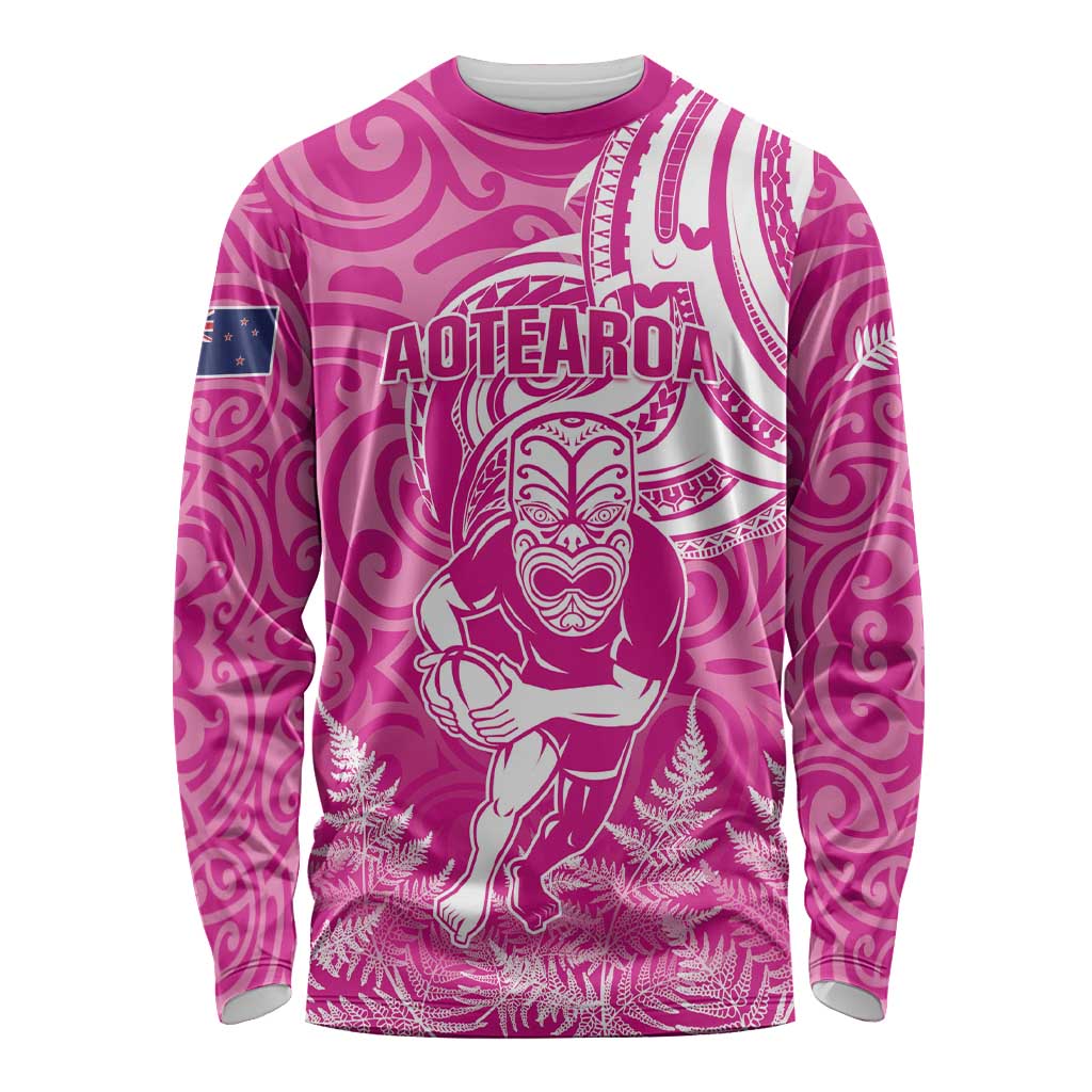 New Zealand Silver Fern Rugby All Pink Long Sleeve Shirt Maori Tiki Player With Ta Moko Tribal - Polynesian Pride