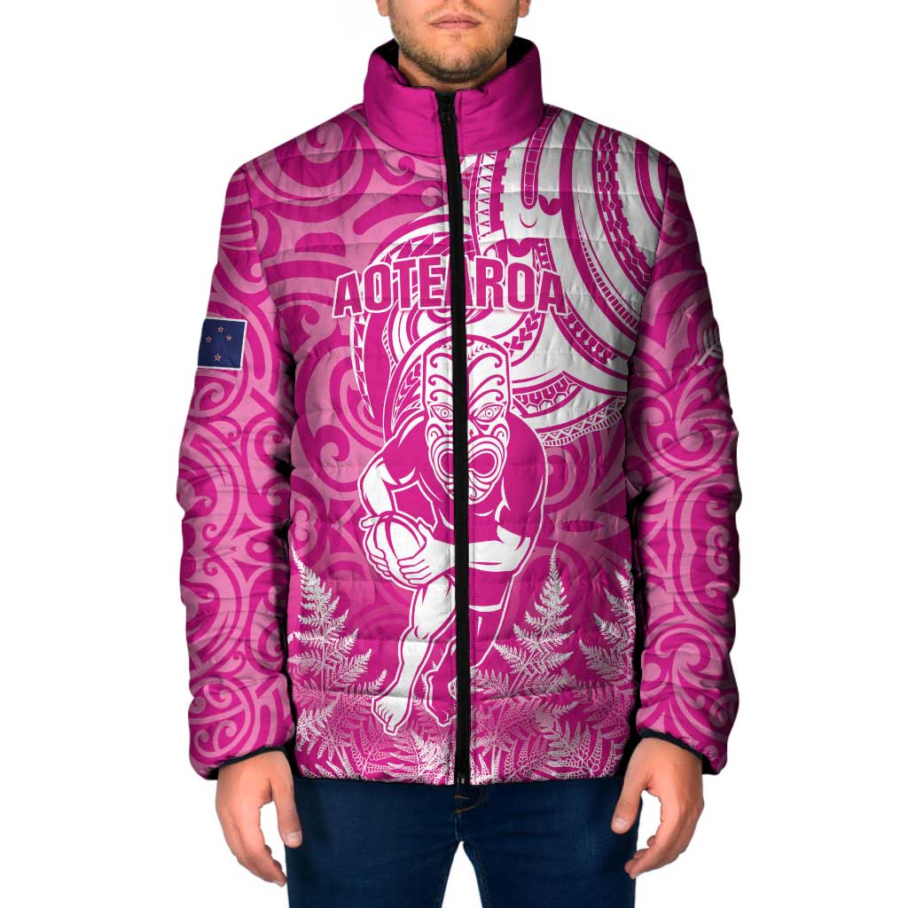 New Zealand Silver Fern Rugby All Pink Padded Jacket Maori Tiki Player With Ta Moko Tribal - Polynesian Pride