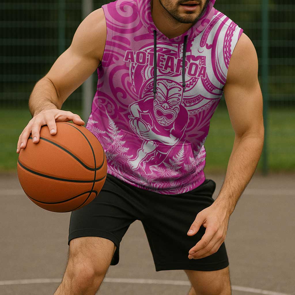 New Zealand Silver Fern Rugby All Pink Sleeveless Hoodie Maori Tiki Player With Ta Moko Tribal - Polynesian Pride