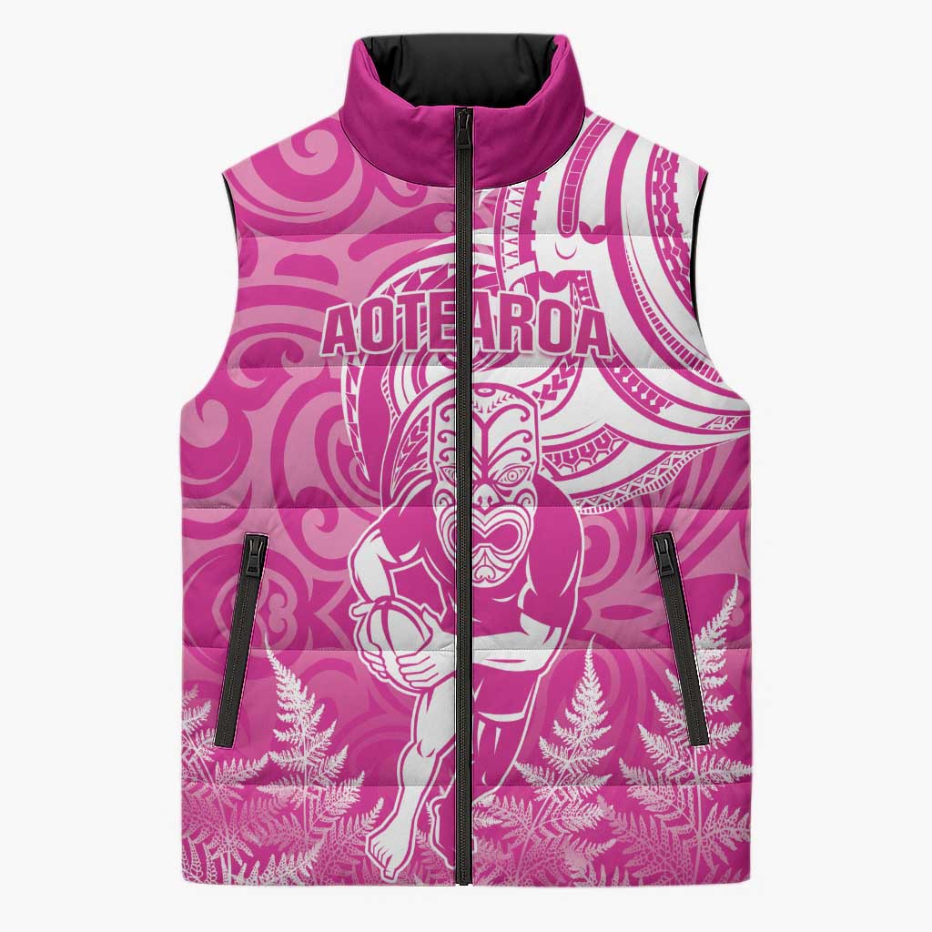 New Zealand Silver Fern Rugby All Pink Sleeveless Puffer Jacket Maori Tiki Player With Ta Moko Tribal - Polynesian Pride