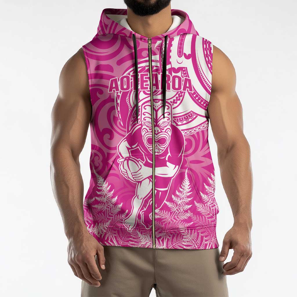 New Zealand Silver Fern Rugby All Pink Sleeveless Zip Hoodie Maori Tiki Player With Ta Moko Tribal - Polynesian Pride