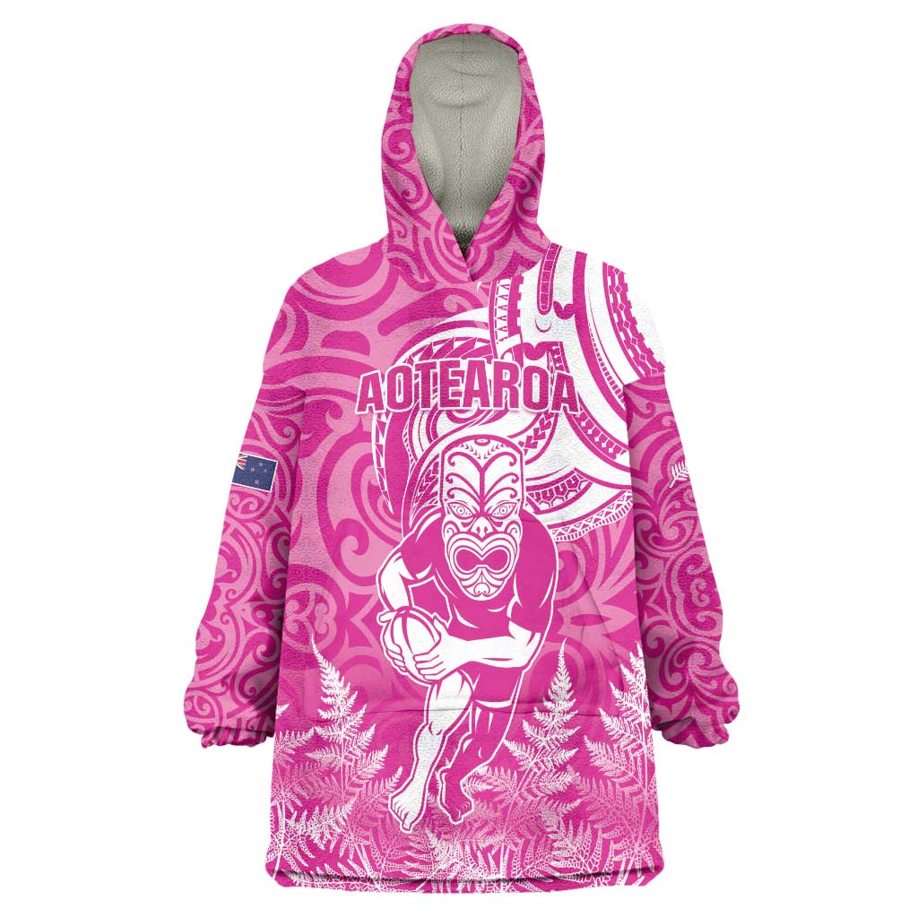 New Zealand Silver Fern Rugby All Pink Wearable Blanket Hoodie Maori Tiki Player With Ta Moko Tribal - Polynesian Pride