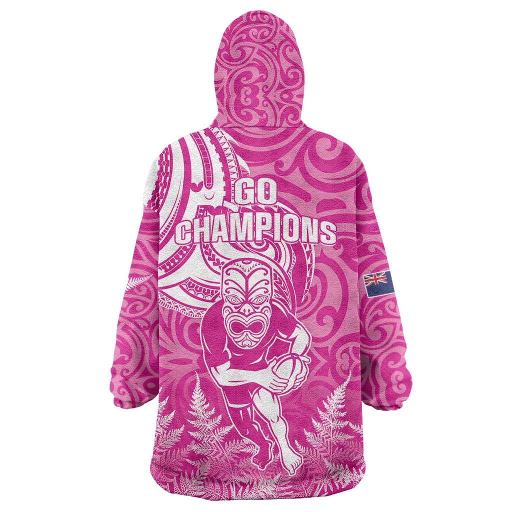 New Zealand Silver Fern Rugby All Pink Wearable Blanket Hoodie Maori Tiki Player With Ta Moko Tribal - Polynesian Pride