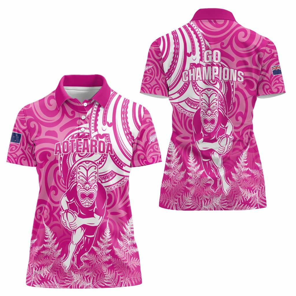 New Zealand Silver Fern Rugby All Pink Women Polo Shirt Maori Tiki Player With Ta Moko Tribal - Polynesian Pride