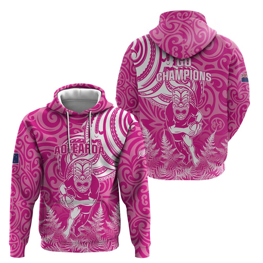 New Zealand Silver Fern Rugby All Pink Zip Hoodie Maori Tiki Player With Ta Moko Tribal - Polynesian Pride