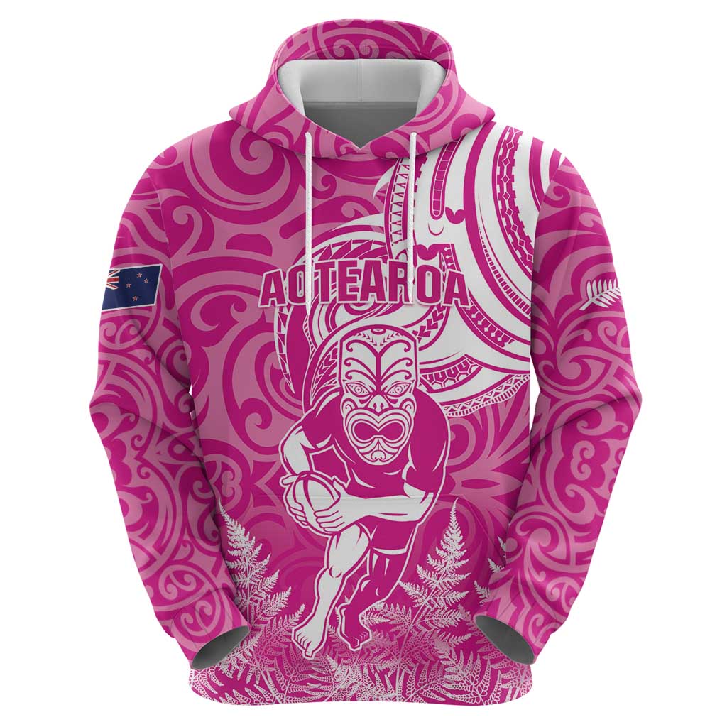 New Zealand Silver Fern Rugby All Pink Zip Hoodie Maori Tiki Player With Ta Moko Tribal - Polynesian Pride