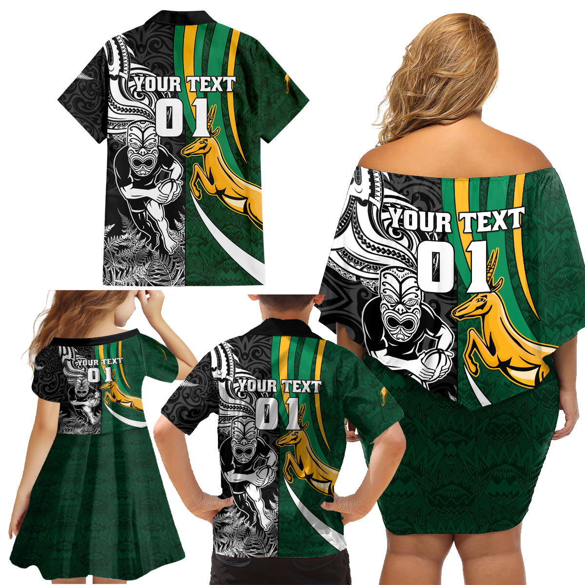 Custom New Zealand and South Africa Rugby Family Matching Off Shoulder Short Dress and Hawaiian Shirt Silver Fern Protea Pattern World Cup 2023 LT01 - Polynesian Pride