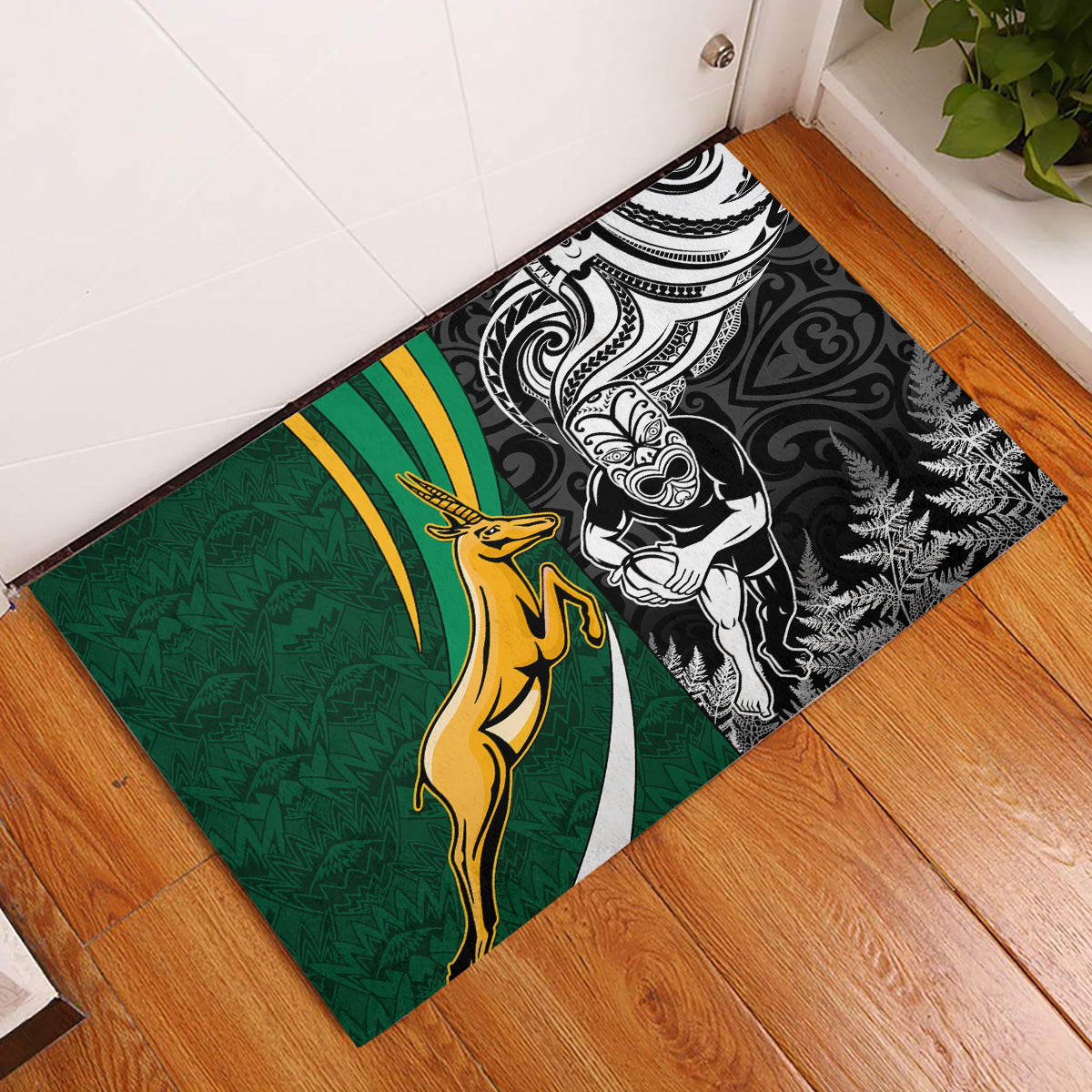 New Zealand and South Africa Rugby Rubber Doormat Silver Fern Protea Pattern World Cup 2023 LT01 Art - Polynesian Pride